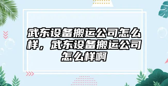 武東設備搬運公司怎么樣，武東設備搬運公司怎么樣啊